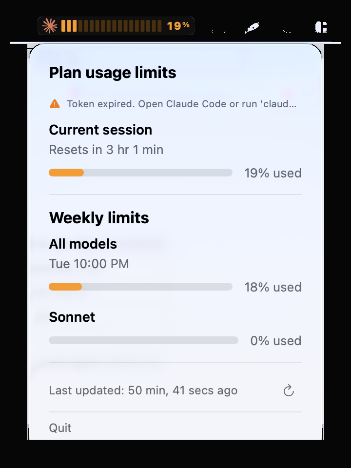Claude Usage Widget — retro-digital menu bar display showing 75% usage